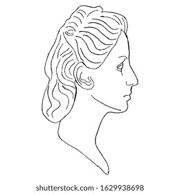 Isolated vector illustration. Head in profile of a beautiful woman. Hand drawn linear sketch. Black silhouette on white background.