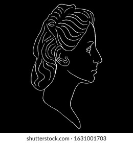 Isolated vector illustration. Head in profile of a beautiful woman. Hand drawn linear sketch. White silhouette on black background.