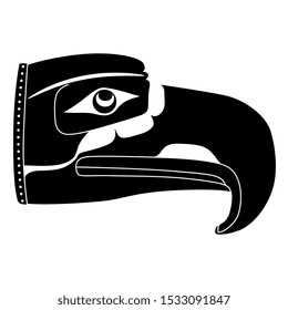 Isolated vector illustration. Head of stylized fantastic bird with big beak. Native American art of Kwakiutl Indians. Black and white silhouette. svg