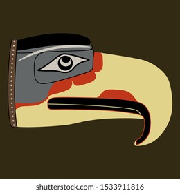 Isolated vector illustration. Head of stylized fantastic bird with big beak. Native American art of Kwakiutl Indians. Mythic Thunderbird. svg