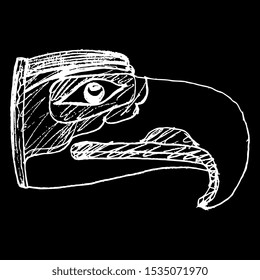 Isolated vector illustration  Head stylized fantastic bird and big beak  Native American art Kwakiutl Indians  Hand drawn linear doodle sketch  White silhouette black background 