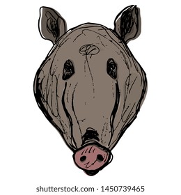 Isolated vector illustration. Head of a wild boar or male pig. Hand drawn colored doodle sketch.