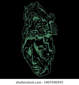 Isolated vector illustration. Head of a youth from Palenque. Ancient Mexican Pre Columbian art. Sculpture portrait of a Mayan ruler of Pakal. Hand drawn sketch. Green silhouette on black background.