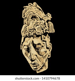 Isolated vector illustration. Head of a youth from Palenque. Ancient Mexican Pre Columbian art. Sculpture portrait of a Mayan ruler of Pakal. Hand drawn colored ink sketch. On black background.