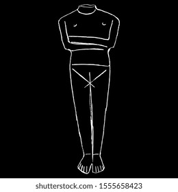 Isolated vector illustration.  Headless human torso. Cycladic idol. Neolithic ancient Greek female figurine. Hand drawn linear sketch. White silhouette on black background.