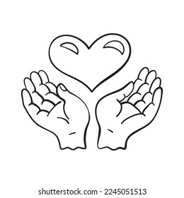 Isolated vector illustration of heart in hands. Cute thin line icon for design, cover etc.	