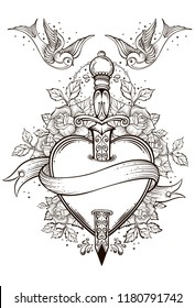 Isolated vector illustration of heart, knife, roses and banner.Tattoo art, graphic, t-shirt design, postcard, poster design, coloring books,spirituality, occultism.Isolated vector illustration.
