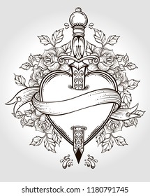 Isolated vector illustration of heart, knife, roses and banner.Tattoo art, graphic, t-shirt design, postcard, poster design, coloring books,spirituality, occultism.Isolated vector illustration.