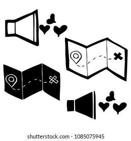 Isolated Vector Illustration of Heart Speaker, GPS Map. Outline, Silhouette, Flat, Icon, Sign, Logo, Symbol, Object, Graphic Design, Background, Element, Illustration for Print.