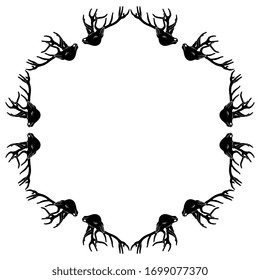  Vektorillustration einzeln. Hexagon-Rahmen mit Hirsch oder Hirschkopf. Schwarz-Weiß-Silhouette. Tierdekor.