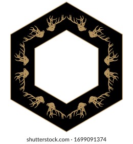 Isolated vector illustration. Hexagon frame with antlered deer or stag heads. Geometrical animal decor.