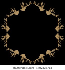 Isolated vector illustration. Hexagon round frame with antlered deer or stag heads. Geometrical animal decor.