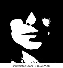 Isolated vector illustration. High contrast closeup portrait of a human face. Black and white silhouette.