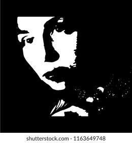 Isolated vector illustration. High contrast closeup portrait of a young Caucasian woman. Black and white silhouette.