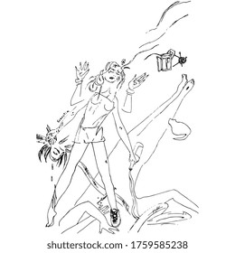 Isolated vector illustration. Hindu goddess Kali as modern rock girl. Hand drawn linear ink sketch. Female archetype. Black and white silhouette.
