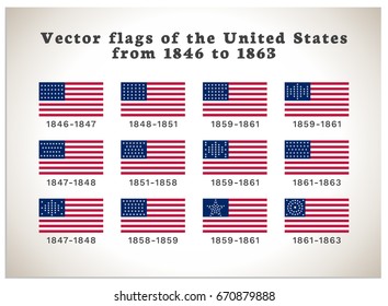 Isolated vector illustration with a history of the flags of the United States of America from 1846 to 1863. Set of 12 vector symbols for the Memorial Day and Independence Day in USA for print and web