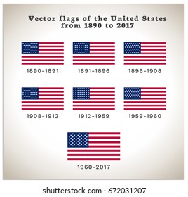 Isolated vector illustration with a history of the flags of the United States of America from 1890 to 2017. Set of 7 vector symbols for the Memorial Day and Independence Day in USA for print and web