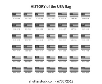 Isolated vector illustration with a history of the flags of the United States of America from 1777 to 2017. Set of 42 vector symbols for the Memorial Day and Independence Day in USA for print and web svg