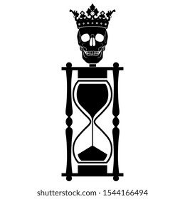 Isolated vector illustration  Hourglass and human skull in royal crown as head  Death as king life  Memento mori concept  Metaphor for brevity human life  Black   white silhouette 