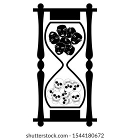 Isolated vector illustration. Hourglass with human faces turning into skulls. Memento mori concept. Metaphor for life and death. Black and white silhouette.