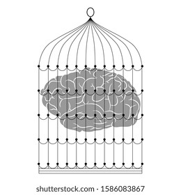 Isolated vector illustration. Human brain in a cage. Creative concept. Metaphor for self-restraint and in box thinking. Monochrome silhouette. 