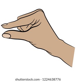 Isolated vector illustration. Human Caucasian hand holding a tiny object in a pinch gesture. Hand drawn linear sketch. Cartoon style.