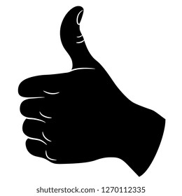 Isolated vector illustration. Human Caucasian hand in a thumb up OK gesture. Black and white linear silhouette. Cartoon style.