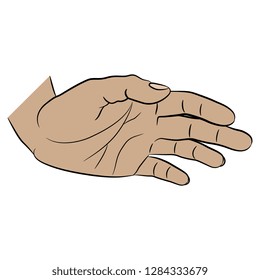 Isolated vector illustration. Human Caucasian hand in hitchhiking or pointing gesture. Hand drawn linear sketch. Cartoon style.