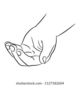 Isolated vector illustration of a human cupped hand. Hand drawn linear sketch. Black silhouette on white background.