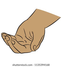 Isolated vector illustration of a human cupped hand. Hand drawn linear sketch. Cartoon style.
