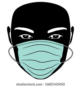 Isolated vector illustration. Human face wearing disposal medical mask. Monochrome silhouette. Simple abstract emblem.