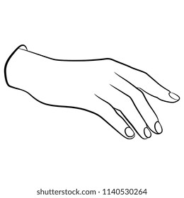 Isolated vector illustration of a human female hand. Hand drawn linear sketch. Black silhouette on white background.