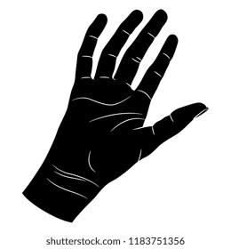 Isolated vector illustration. Human female open palm. Hand drawn linear sketch. Black and white linear silhouette.