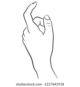 Isolated vector illustration. Human female hand with bent index finger. Hand drawn linear sketch. Black silhouette on white background.