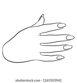 Isolated vector illustration. Human female hand with long nails. Hand drawn linear sketch. Black silhouette on white background.