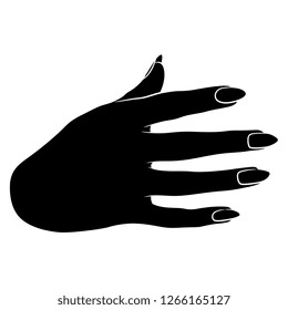 Isolated vector illustration. Human female hand with long nails. Black and white linear silhouette. Cartoon style.