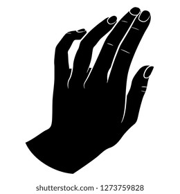 Isolated vector illustration. Human female hand in pointing or greeting gesture. Black and white linear silhouette. Cartoon style.