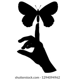 Isolated vector illustration. Human female hand with pointing up index finger holding a butterfly. Black silhouette on white background.