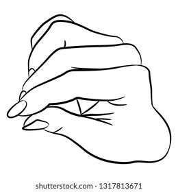 Isolated vector illustration. Human female hand in pinch gesture. Hand drawn linear sketch. Black silhouette on white background.