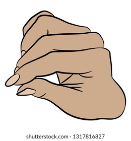 Isolated vector illustration. Human female Caucasian hand in pinch gesture. Hand drawn linear sketch. Cartoon style.