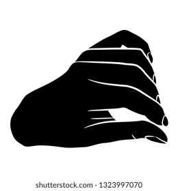 Isolated vector illustration. Human female hand in pinch gesture. Black and white linear silhouette. Cartoon style.
