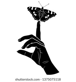 Isolated vector illustration. Human female hand holding a butterfly. Black and white silhouette.