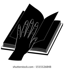Isolated vector illustration. Human female hand with long nails on top of open book with blank black pages. Black and white silhouette.