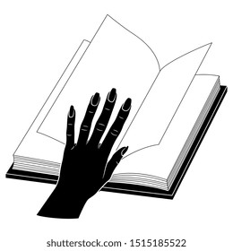 Isolated vector illustration. Human female hand with long nails on top of open book with blank pages. Black and white silhouette.