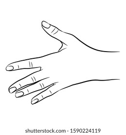 Isolated vector illustration. Human female hand with open fingers. Top view. Black and white linear silhouette. Cartoon style.