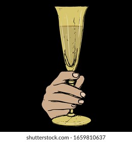 Ilustración vectorial aislada. Mano hembra humana sosteniendo una copa de champán. Dibujo a mano de dibujos coloridos. Sobre fondo negro.