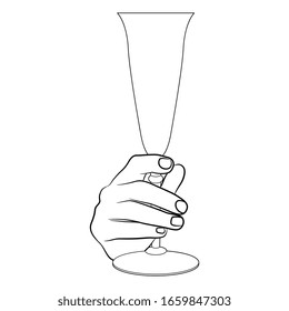 Isolated vector illustration. Human female hand holding a glass of champagne. Black and white linear silhouette.