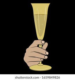 Ilustración vectorial aislada. Mano hembra humana sosteniendo una copa de champán. Estilo de caricatura. Sobre fondo negro.