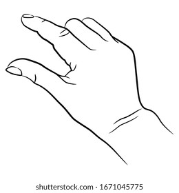 Isolated vector illustration. Human female hand in measuring gesture. Black and white linear silhouette. Cartoon style.