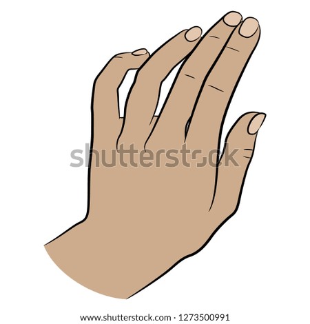 Isolated vector illustration. Human female Caucasian hand in pointing or greeting gesture. Hand drawn linear sketch. Black silhouette on white background.